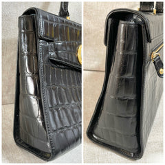Vintage Gianni Versace black croc embossed leather handbag with Medallion Sunburst charms. Gorgeous masterpiece. 061104y1
