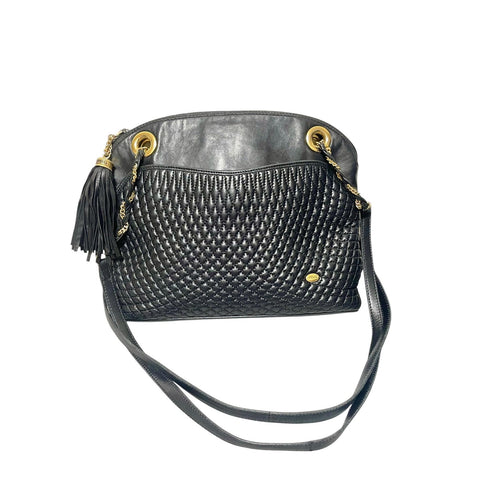 Vintage BALLY black quilted leather oval top shape shoulder bag with a fringe and golden B charm. Classic daily use design. 080819ys4