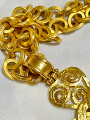 Vintage Chanel thick chain statement necklace with spiral petal flower, clover CC top and dangling leaves. Gorgeous jewelry. 070204ac2