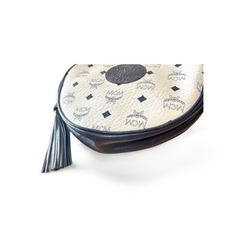 1990s Vintage MCM Suzy Wong Round Shoulder Bag — White & Navy Monogram — Designed by Michael Cromer. 071113tr