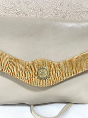 Vintage Celine ivory beige and brown lizard embossed leather combo shoulder bag, clutch purse with golden logo. Celine Sport. 041015