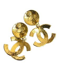 1990s Vintage CHANEL Large CC Dangle Earrings with Quilted Stitch Design. Gold-Tone Coco Mark Statement Jewelry. 080915ac1