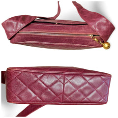 Vintage CHANEL wine caviar leather messenger large, jumbo shoulder bag with golden CC ball charm. Classic purse for daily use. 060922ys