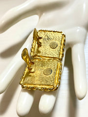 Vintage Celine pyramid cut stud design red gripoix earrings with square golden twisted frames. Gorgeous statement jewelry. 070128ac2