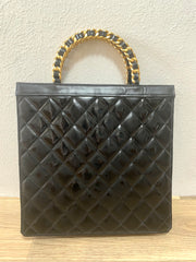 1990s Vintage CHANEL Black Matelassé Patent Enamel Shopper Bag with Gold Chain Handles | Quilted Classic Daily Bag | 050120an2re