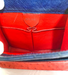 Vintage Celine genuine ostrich shoulder bag with gold tone chains and red, orange, blue, green, and yellow patchwork design. 050410ac1