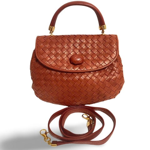 Vintage Bottega Veneta brown intrecciato, woven lambskin handbag with shoulder strap. 071004y1