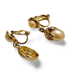 Vintage Yves Saint Laurent golden dangling earrings with crystals and teardrop white faux pearls.  Rare YSL jewelry. 060604ac1