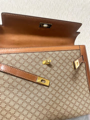 Vintage Celine cream beige triomphe macadam pattern handbag with brown leather trimmings. Classic purse from 90s Celine. 071104ac2