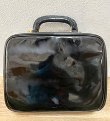 Vintage CHANEL Black Patent Enamel Vanity Bag — Lunchbox Shape Shoulder Bag with Large CC Stitch Motif — 080116re1