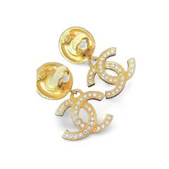 Vintage CHANEL dangle earrings with crystal CC motif and round logo embossed motif on top. Gorgeous vintage Chanel jewelry. 061214y1
