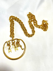 Vintage CHANEL golden long chain necklace with round logo letter dangling pendant top. Rare and adorable jewelry. 070204ac1