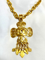 Vintage Chanel thick chain statement necklace with spiral petal flower, clover CC top and dangling leaves. Gorgeous jewelry. 070204ac2