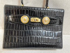 Vintage Gianni Versace black croc embossed leather handbag with Medallion Sunburst charms. Gorgeous masterpiece. 061104y1