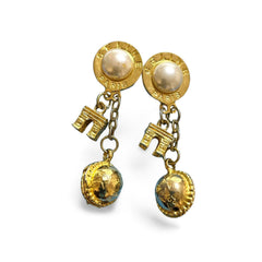 Vintage Celine golden round frame faux pearl dangle earrings with triomphe and golden ball charm. 060114ya2