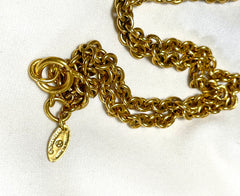 Vintage CHANEL golden long chain necklace with round logo letter dangling pendant top. Rare and adorable jewelry. 070204ac1