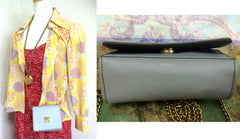 Vintage MCM light grey monogram and purple logo jacquard mini clutch shoulder bag, wallet pouch with chain strap. 070325re1