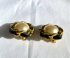 Vintage CHANEL earrings with chain and black leather frame. Perfect Chanel jewelry. 041205bs5