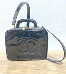 Vintage CHANEL Black Patent Enamel Vanity Bag — Lunchbox Shape Shoulder Bag with Large CC Stitch Motif — 080116re1