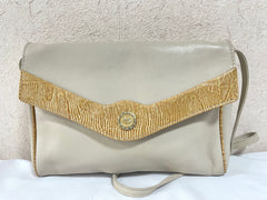 Vintage Celine ivory beige and brown lizard embossed leather combo shoulder bag, clutch purse with golden logo. Celine Sport. 041015