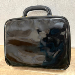 Vintage CHANEL Black Patent Enamel Vanity Bag — Lunchbox Shape Shoulder Bag with Large CC Stitch Motif — 080116re1