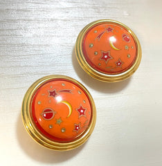 1990s Vintage HERMÈS Cloisonné Round Earrings | Orange Stars, Moon & Saturn Motif | Space-Themed Enamel | Classic Clip-On Jewelry. 071121y2