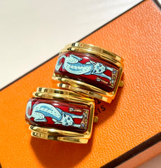 Vintage Hermes cloisonne enamel golden earrings with blue fox design. Classic Hermes jewelry. 060924ac1