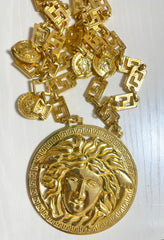 90s Vintage Gianni Versace Runway necklace with extra large Medusa face pendant top. Can be worn as a belt as well. Must have masterpiece. 061109y1