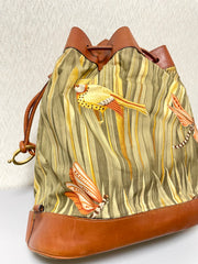 Vintage Salvatore Ferragamo bird and dragonfly print brown leather hobo shoulder bag with drawstrings. Tropical bag. 070520ac5