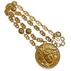 90s Vintage Gianni Versace Runway necklace with extra large Medusa face pendant top. Can be worn as a belt as well. Must have masterpiece. 070818y1