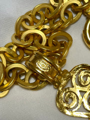 Vintage Chanel thick chain statement necklace with spiral petal flower, clover CC top and dangling leaves. Gorgeous jewelry. 070204ac2
