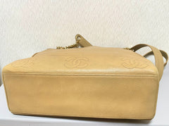 Vintage CHANEL brown beige caviar leather chain tote bag, shoulder purse with CC stitch marks. Classic and daily use bag. 070429re