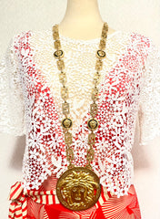 90s Vintage Gianni Versace Runway necklace with extra large Medusa face pendant top. Can be worn as a belt as well. Must have masterpiece. 070818y1