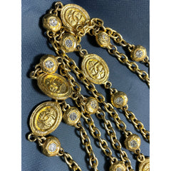 Vintage CHANEL chain and crystal glass necklace with medal CC mark charms. Can wear in double and triple. 0411211