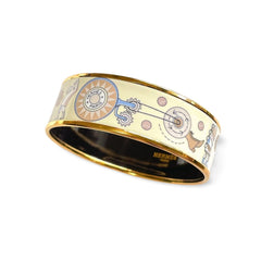 Vintage Hermes cloisonne enamel golden bangle with artistic illustration. Rare design Hermes GM bracelet. Horse, flower, clock etc.060402ac5