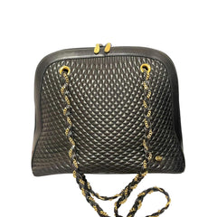 Vintage BALLY Black Quilted Lambskin Leather Shoulder Tote Bag Gold Logo Charms Chain Straps 080819ys3