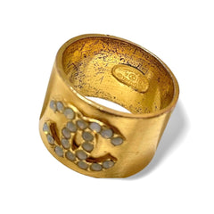 Vintage CHANEL gold tone thick type ring with white crystal CC mark. 060528k1m