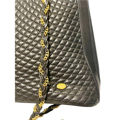 Vintage BALLY Black Quilted Lambskin Leather Shoulder Tote Bag Gold Logo Charms Chain Straps 080819ys3