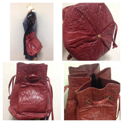 Vintage BALLY genuine ostrich wine red hexagonal pyramid patchwork hobo bucket shoulder bag. 150301