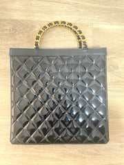 1990s Vintage CHANEL Black Matelassé Patent Enamel Shopper Bag with Gold Chain Handles | Quilted Classic Daily Bag | 050120an2re