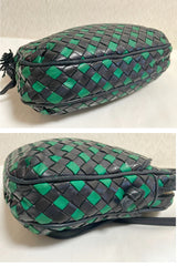 Vintage Bottega Veneta intrecciato navy and green woven lamb leather shoulder bag. 070203ys1
