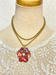 Vintage Yves Saint Laurent golden chain necklace with purple and red pansy flower top. 061001ac1