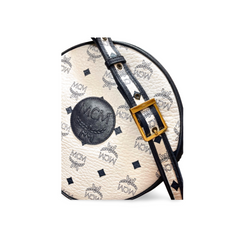 1990s Vintage MCM Suzy Wong Round Shoulder Bag — White & Navy Monogram — Designed by Michael Cromer. 071113tr