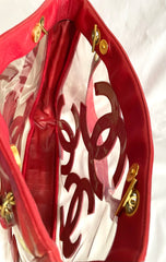 1990s Vintage CHANEL clear vinyl & red leather shoulder tote bag with CC appliqués, gold chain. 050919ac1
