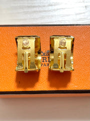 Vintage Hermes cloisonne enamel golden earrings with blue fox design. Classic Hermes jewelry. 060924ac1
