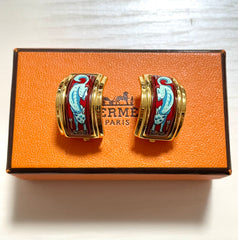 Vintage Hermes cloisonne enamel golden earrings with blue fox design. Classic Hermes jewelry. 060924ac1