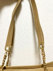 Vintage CHANEL brown beige caviar leather chain tote bag, shoulder purse with CC stitch marks. Classic and daily use bag. 070429re