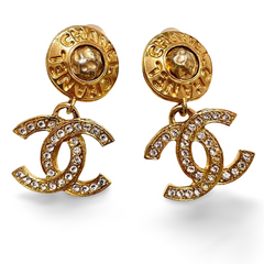 Vintage CHANEL dangle earrings with crystal CC motif and round logo embossed motif on top. Gorgeous vintage Chanel jewelry. 061214y1