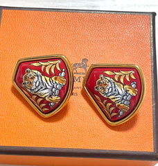 Vintage Hermes cloisonne golden earrings with tiger design in red. Fan shape. Classic jewelry. Great gift idea. 070428m1