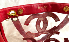 1990s Vintage CHANEL clear vinyl & red leather shoulder tote bag with CC appliqués, gold chain. 050919ac1